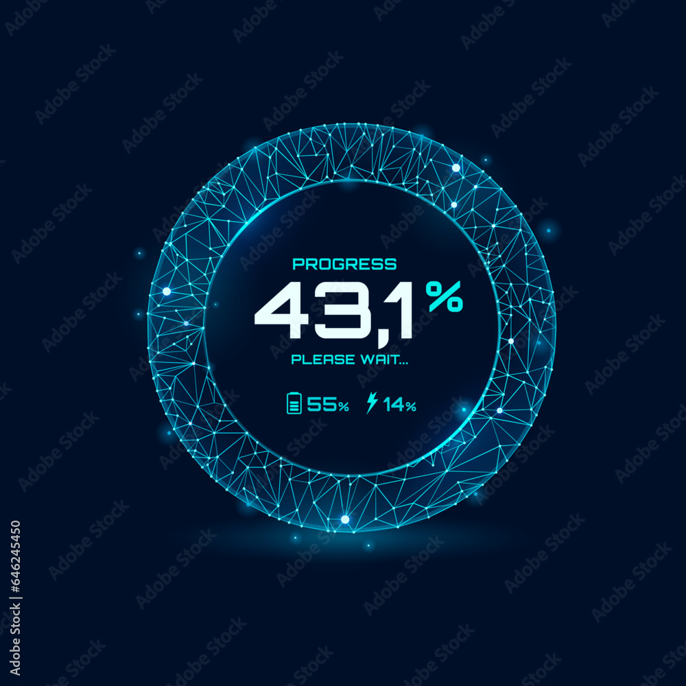 Leinwandbilder Loading bar progress neon dial, speed gauge dashboard, futuristic counter interface. Isolated vector hud Sci-fi user digital screen or game control panel with circular scales and percent indicators