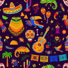 Mexican holiday and festival objects seamless pattern. Vector background with cartoon sombrero hat, maracas, guitar and hummingbird, guitar, toucan, chameleon and flowers in ethnic alebrije style