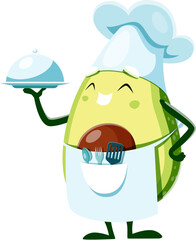 Cartoon avocado chef character with tray, ready to serve up delicious meals with a smile. Isolated vector vegetable personage wear toque and apron perform tasty restaurant dishes and culinary flair