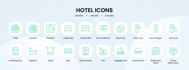 Fototapeta na wymiar Hotel icon collection with blue and green gradient outline style. hotel, business, restaurant, travel, service, room, vacation. Vector illustration