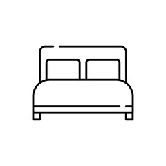 Double bed hotel icon with black outline. bedroom, interior, furniture, bed, home, design, room. Vector illustration
