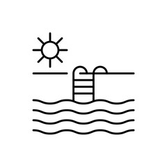 Pool hotel icon with black outline. summer, pool, water, blue, vacation, swimming, holiday. Vector illustration