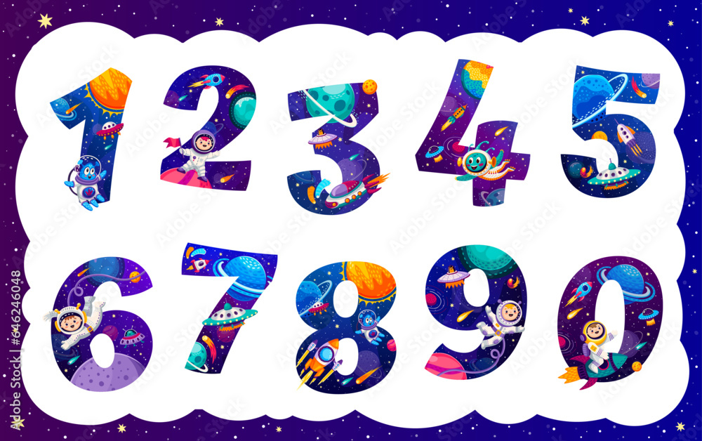 Poster cartoon space numbers, funny math and astronomy science. kids education vector font of cute digits w