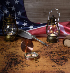 Happy Columbus Day. Vintage American compass and retro treasure manuscript.