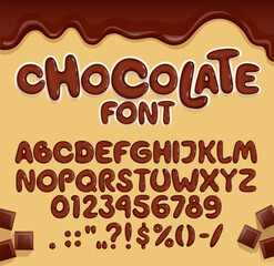 Chocolate font, candy type, brown choco typeface, tasty english alphabet letters and numbers, vector typography. Sweet dessert food abc font with cartoon melted dark chocolate drips and choco bars