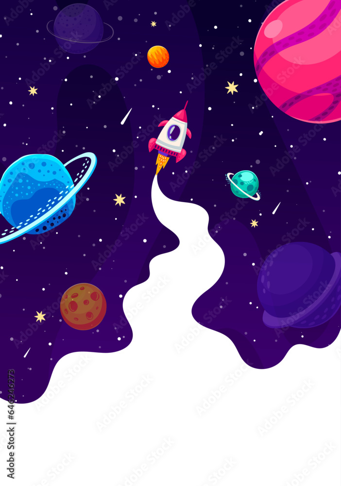 Poster space rocket launch with trails, fast start up. astronomy research, space travel or business cartoon