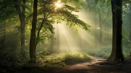Radiant Forest: Misty Beech Woodland Illuminated by Sunshine After Rain