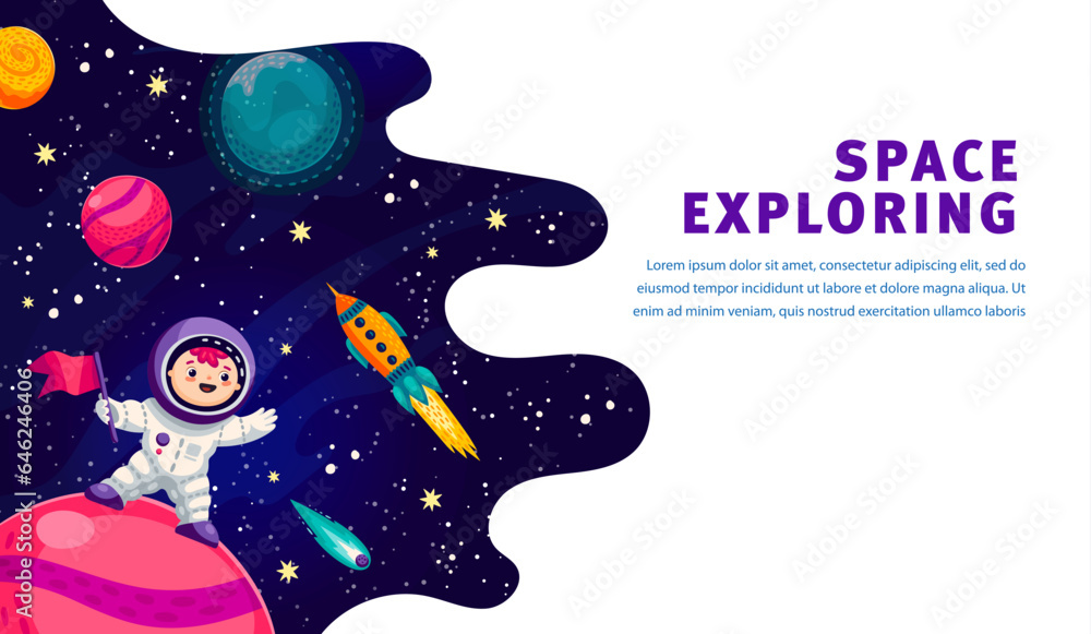 Poster Landing page. Astronaut and rocket between space planets. Business startup web page template, company vector landing page with kid astronaut cute character on planet surface, galaxy star and spaceship