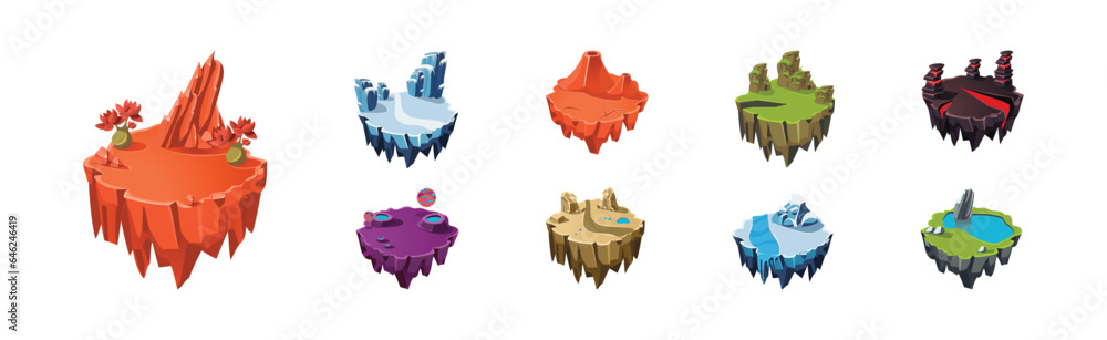 Poster floating island platforms with different landscape vector set