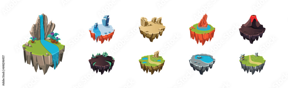 Poster floating island platforms with different landscape vector set