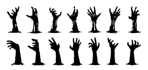 Fotobehang Halloween zombie hands silhouettes. Isolated vector set of spooky arms, sticking out of the ground, capturing eerie and chilling vibes, for creating a haunting atmosphere and adding a touch of horror © Vector Tradition