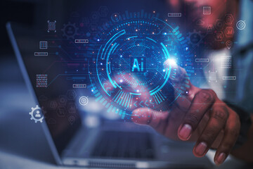 Businessman showing hologram Ai exchange industrial system technology Industrial cloud technology concept	