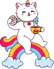 Cartoon cute caticorn cat and kitten character sitting on rainbow enjoying tasty donut and tea. Isolated vector feline unicorn personage In magical enchanting world filled with laughter and happiness
