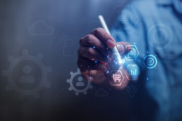 Engineers or businessmen use your laptop to exchange industrial systems, technology, industrial cloud technology concepts.	
