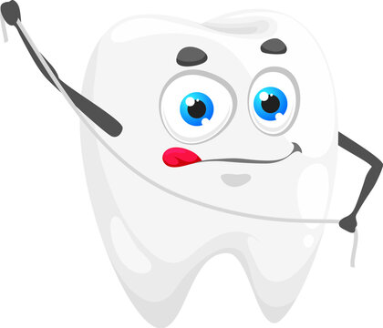 Cheerful cartoon tooth character with dental floss. Dental care and dentistry, oral hygiene funny vector personage. Teeth enamel health childish character or dentist clinic happy mascot of molar tooth