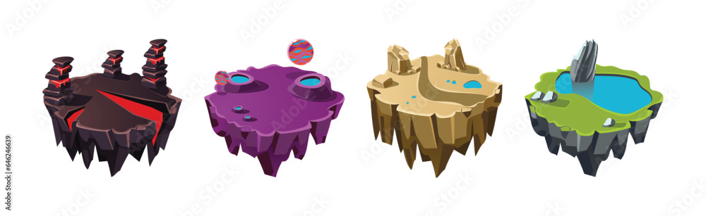 Poster floating island platforms with different landscape vector set