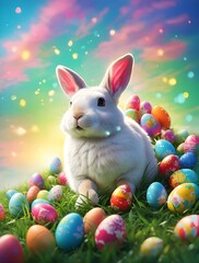 rabbit and easter eggs are in the grass with blurry background