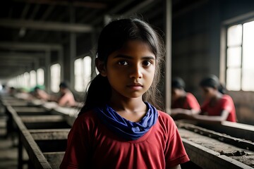 young Asian little girl laboring in a dark workplace under unfavorable circumstances. Concept of child labor and exploitation, artificial intelligence-generated image of human rights violation.