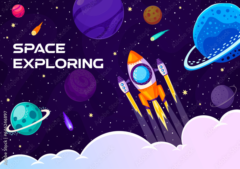 Poster space rocket launch, cartoon galaxy space planets and comets in starry sky, vector background. outer