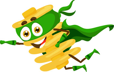 Cartoon radiatori italian pasta food superhero character. Isolated vector Pastaman, whimsical super hero personage wear cape and mask, fighting food-related crimes with his noodle-powered abilities