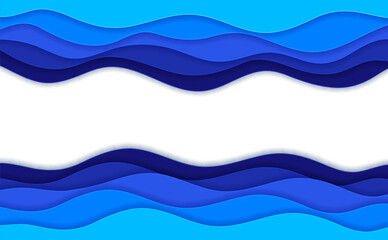 Sea paper cut waves and ocean water ripples and surf curves, vector copy space background. Wave flow frame with papercut sea tide and ocean wavy ripples and wave curls in paper cutout layers