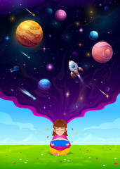 Child girl on summer meadow reading a book and dreaming about space flight. Cute girl vector character with thought bubble of cartoon universe, rocket, galaxy planets, stars, meteors and asteroids