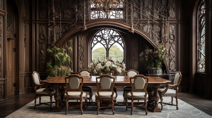Fototapeta na wymiar Step into the luxurious house's dining room adorned with a stunning wooden table