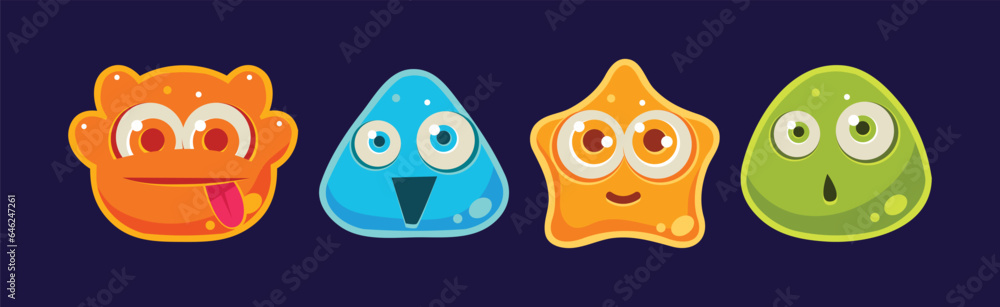 Poster funny jelly characters emotion with muzzle vector set