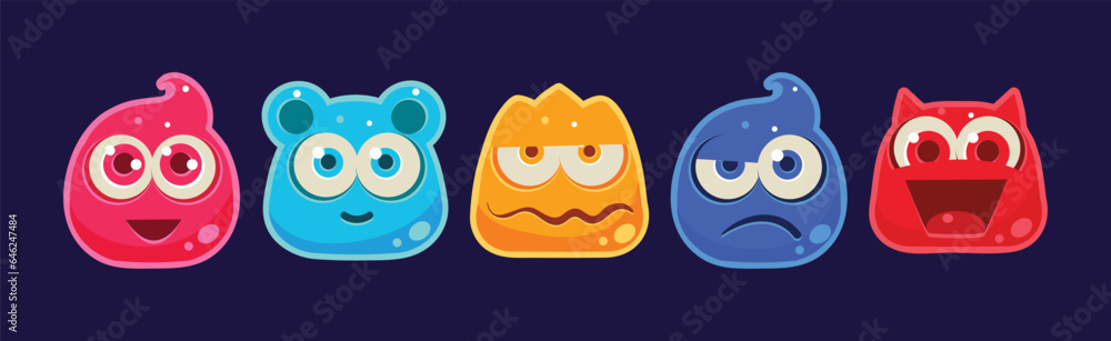 Poster funny jelly characters emotion with muzzle vector set