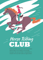 Poster or vertical banner about horse riding club flat style, vector illustration