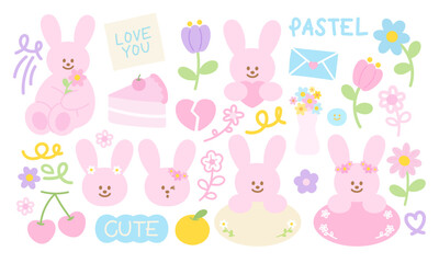 Pastel pink bunny and flowers for cute element decorations, sweet sticker, animal tattoo, pet logo, social media post, poster, print, ads, cartoon character, comic, banner, etc.