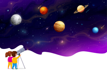 Astronomy. Cartoon boy and girl kids looking through a telescope at vector space planets, stars and constellations on dark night sky background. Cute children observation space and universe galaxy © Vector Tradition