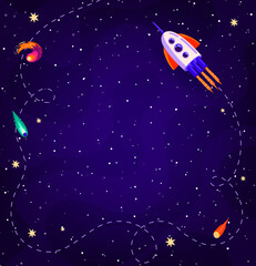 Cartoon kids space background, planets and rocket with trace. Vector starry galaxy landscape with shining stars, fire comets and asteroids, spaceship and nebulae. Space travel, astronomy backdrop