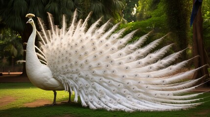 the beauty of a genuine white peacock displaying tail feathers in a park