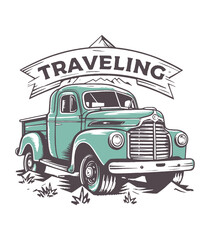 Pickup Truck Art: Retro Charm Meets Adventure Awaits – Timeless Illustrations for Your Vintage Travel Inspiration | T-shirt, logo, sticker, ready-to-print, hand-drawn vector, outdoor adventure design