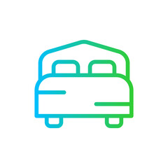 Bed hotel icon with blue and green gradient outline style. bed, bedroom, room, hotel, pictogram, mattress, double. Vector Illustration