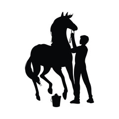 Silhouette of man washing horse with bucket of water, vector illustration isolated.
