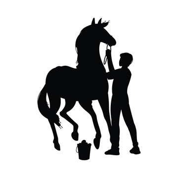 recommend clip art: Silhouette of man washing horse with bucket of water, vector illustration isolated.
