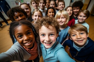 Fototapeta premium Memorable class photograph selfie capturing a group of multi racial elementary school children, boys and girls, posing together. 