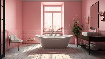 Fototapeta na wymiar ピンク色の内装のバスルーム　インテリアイメージ