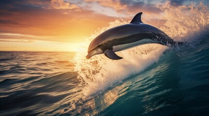 the thrill of marine life as agile dolphins frolic, jumping over the surging waves in their natural ocean habitat