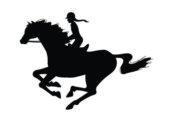 Black silhouette of young girl in helmet on horseback flat style
