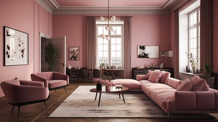 ピンク色の内装のリビングルーム　インテリアイメージ