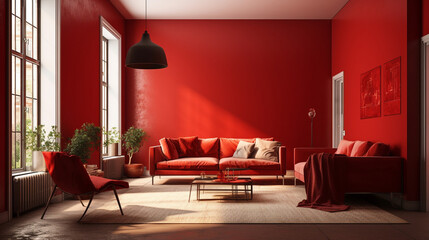 赤い内装のリビングルーム　インテリアイメージ