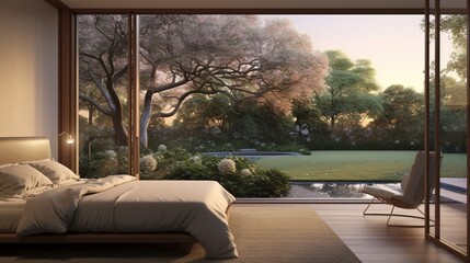 The window of a modern bedroom frames a picturesque view of a sunlit lawn garden, graced by a stately tree, on a tranquil evening