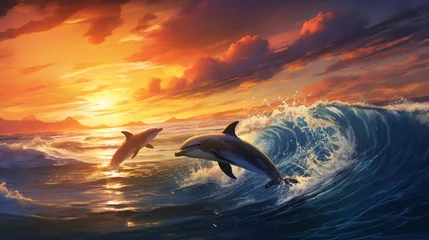 Selbstklebende Fototapeten the world of ocean wildlife, where lively dolphins joyfully vault over the foaming waves in their native habitat © Pretty Panda