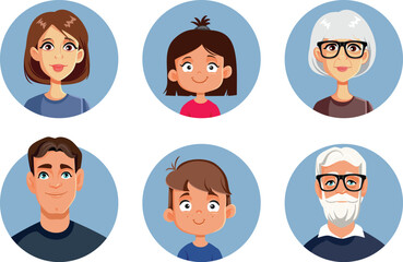 Multi generational Family Members icon Set Cartoon Design Avatars. Mother, father, grandparents, and grandchildren collection of characters
