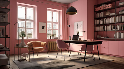 ピンク色の内装の書斎　インテリアイメージ