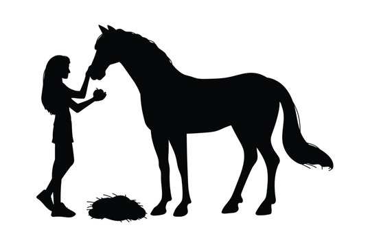 Black silhouette of woman feeding horse flat style, vector illustration