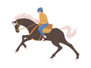 Horseman or jockey rider on racing horse, flat vector illustration isolated.